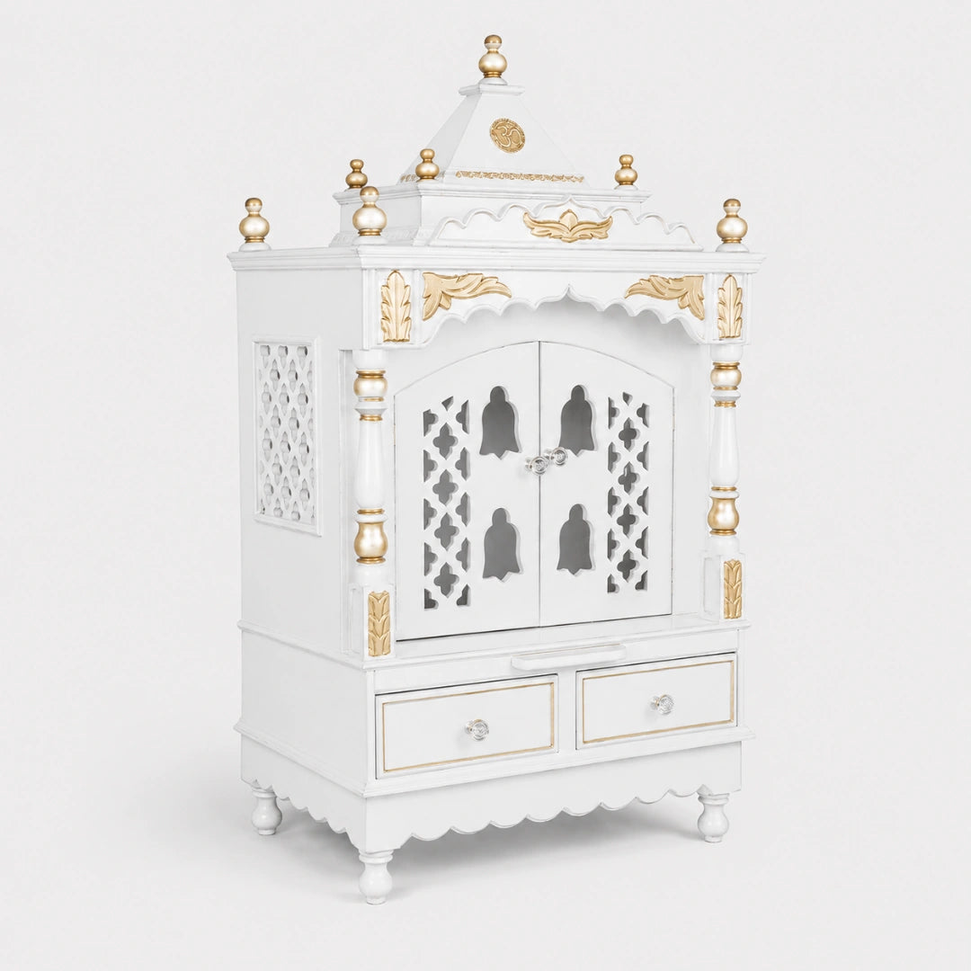 Sacred Space Medium Floor Rested Pooja Mandir with Door (White Gold) Side View