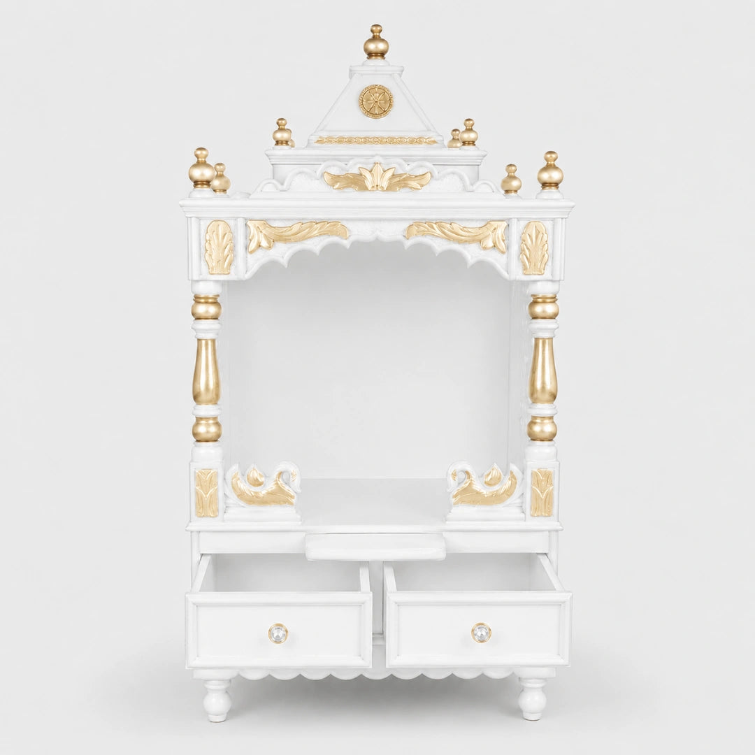 Sacred Space Medium Floor Rested Pooja Mandir without Door (White Gold) Front View