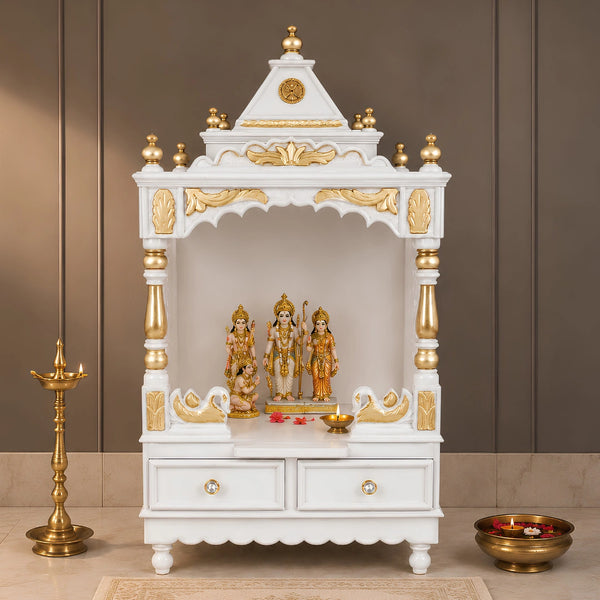 Sacred Space Medium Floor Rested Pooja Mandir without Door (White Gold) Lifestyle Image