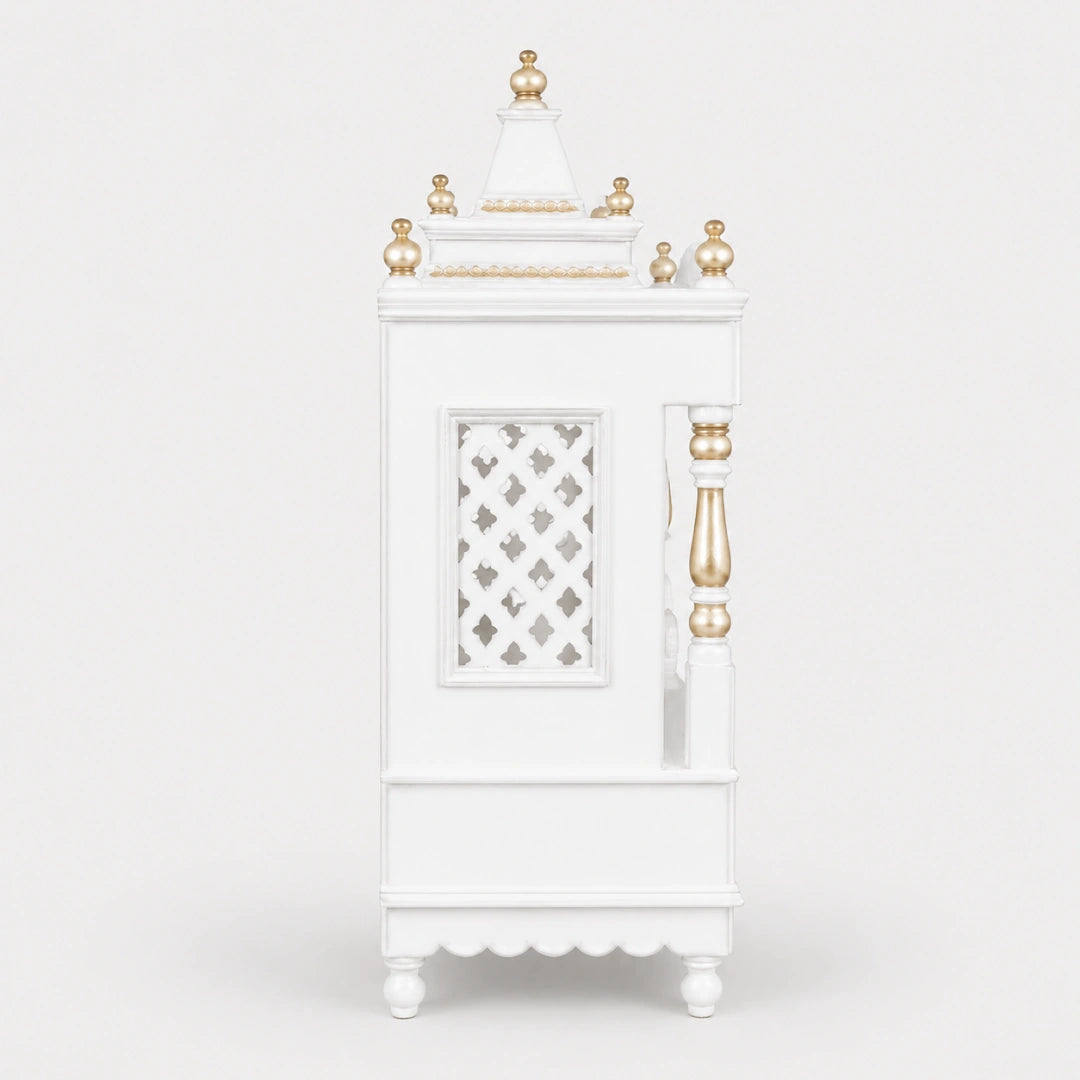 Sacred Space Medium Floor Rested Pooja Mandir without Door (White Gold) Side Angle