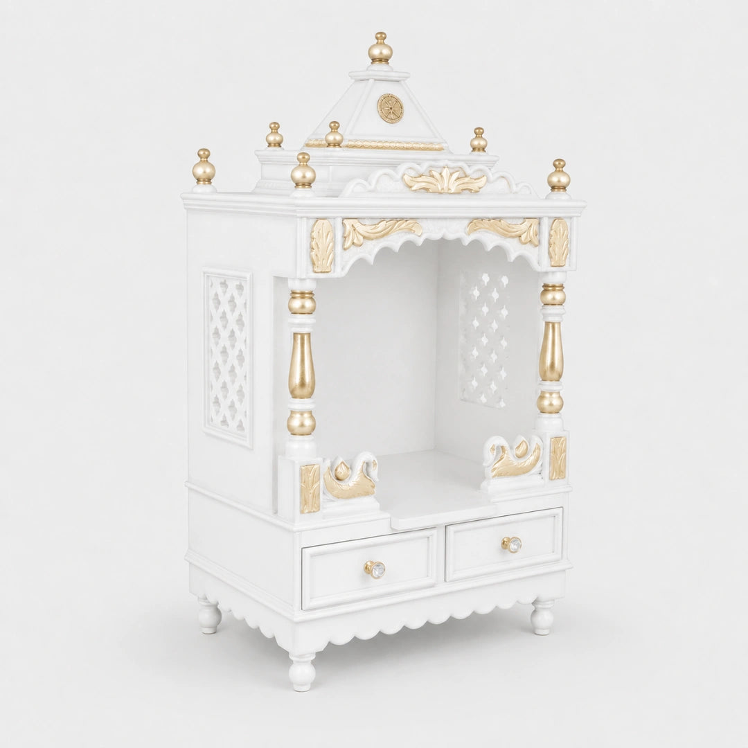 Sacred Space Medium Floor Rested Pooja Mandir without Door (White Gold) Side View