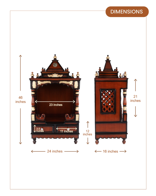 Sacred Space Medium Floor Rested Pooja Mandir without Door (Brown Gold) dimensions