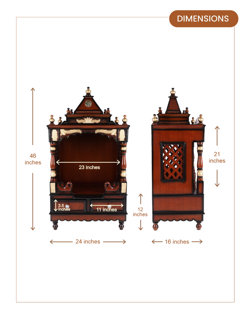 Sacred Space Medium Floor Rested Pooja Mandir without Door (Brown Gold) dimensions
