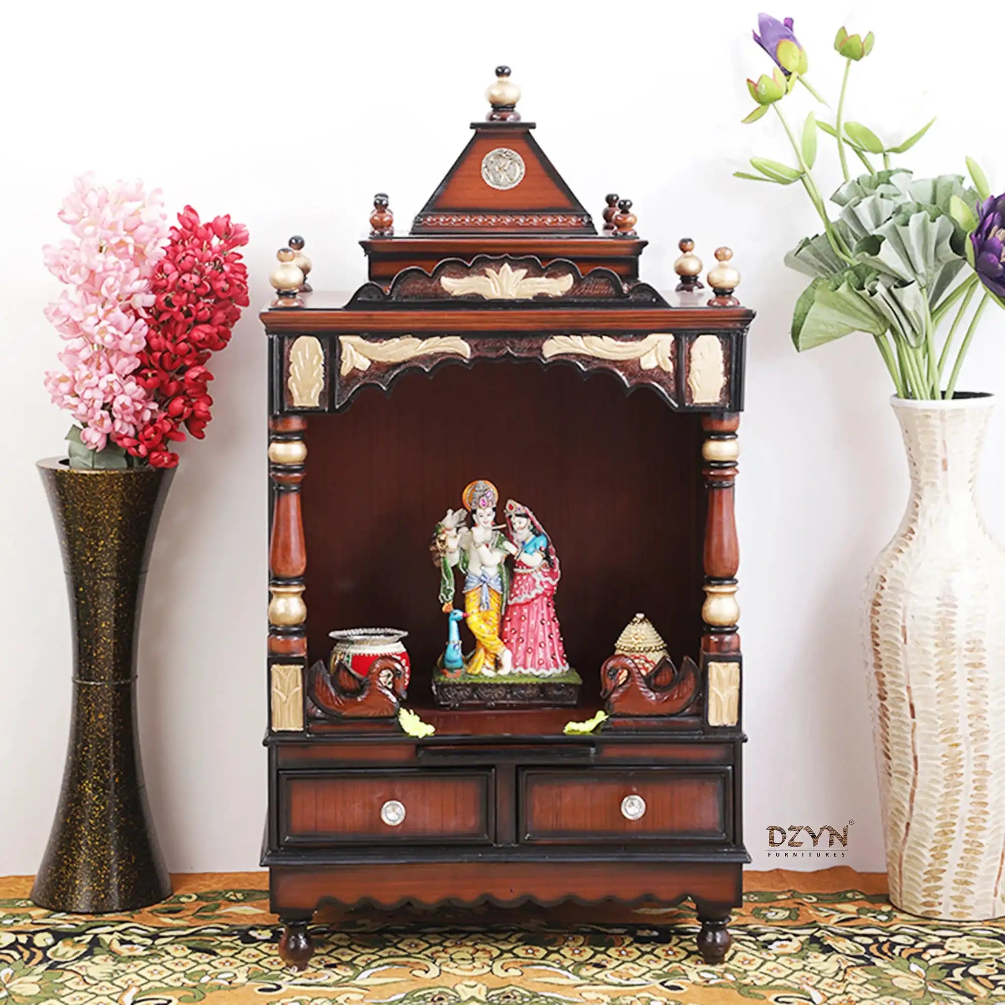 Sacred Space Medium Floor Rested Pooja Mandir without Door (Brown Gold)