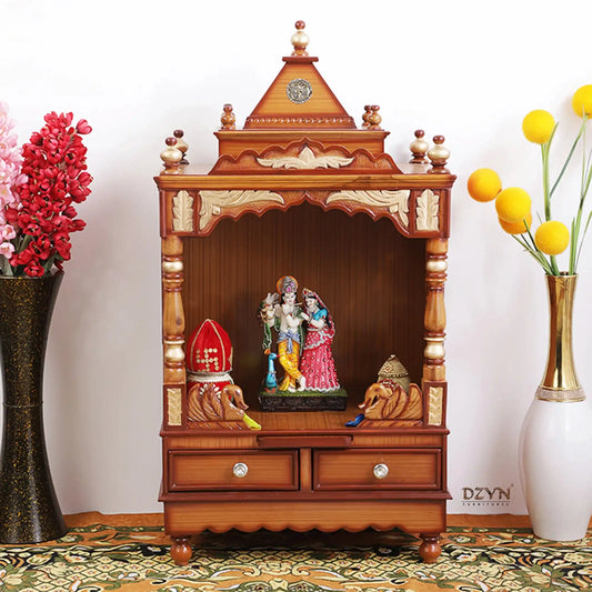 Sacred Space Medium Floor Rested Pooja Mandir without Door (Teak Gold)