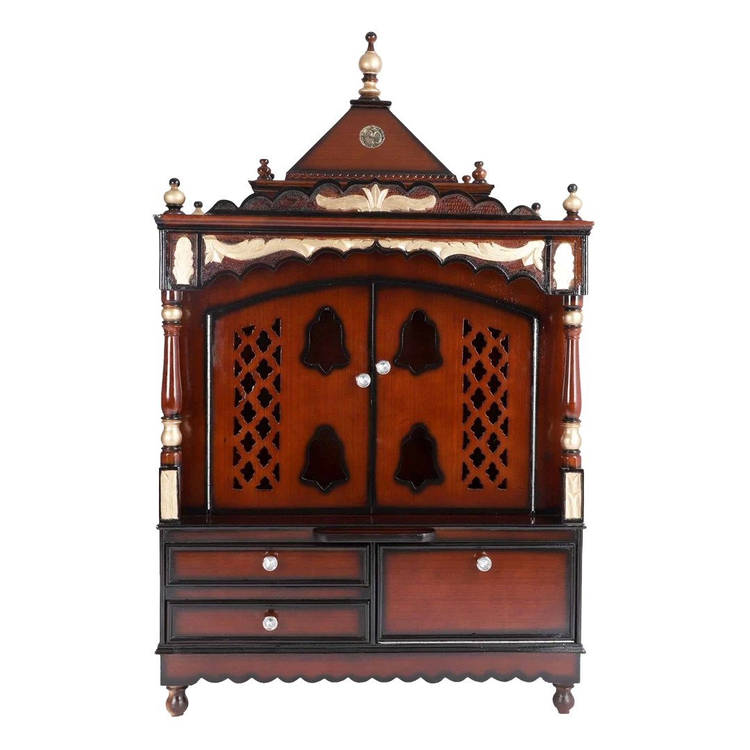 Sacred Home Large Floor Rested Pooja Mandir/Wooden temple with doors for home in Brown Gold color front view