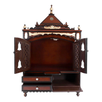 Sacred Home Large Floor Rested Pooja Mandir/Wooden temple with doors for home in Brown Gold color front view open drawers