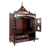 Sacred Home Large Floor Rested Pooja Mandir/Wooden temple with doors for home in Brown Gold color 45° side view open drawers