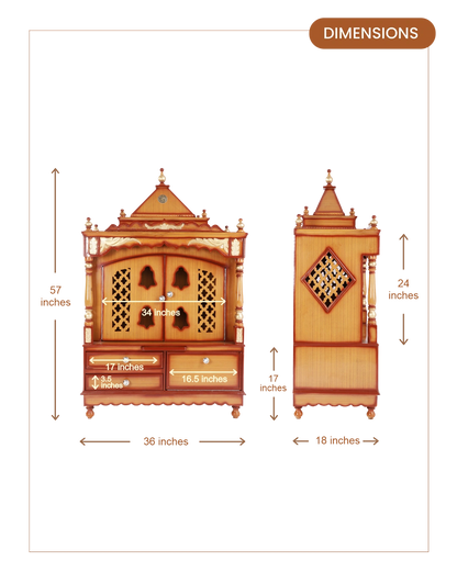 Sacred Home Large Floor Rested Pooja Mandir with Door (Teak Gold)