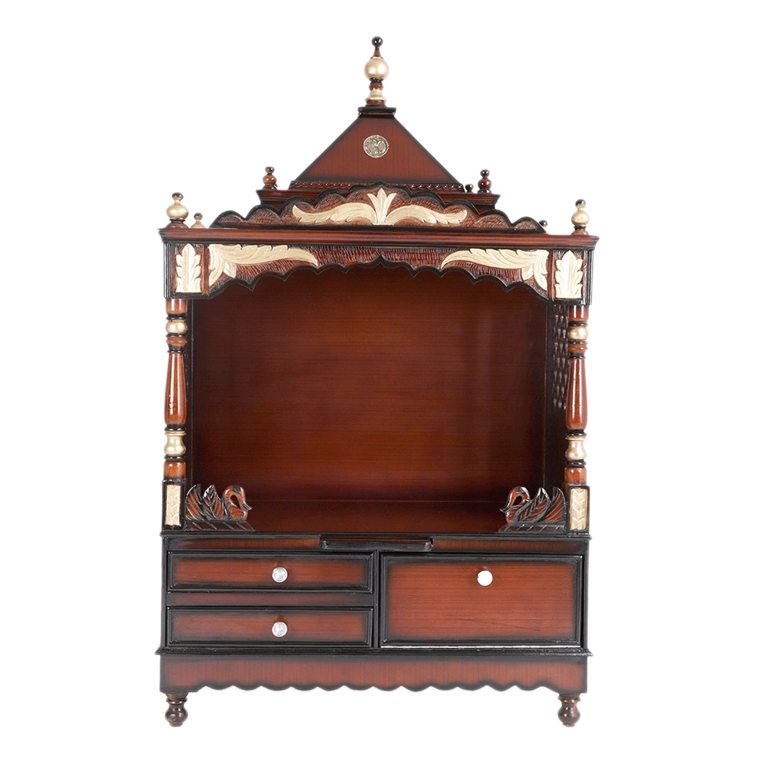 Sacred Home Large Floor Rested Pooja Mandir/Wooden temple for home in Brown Gold color front view