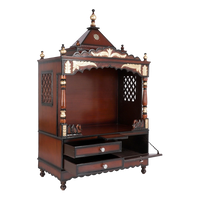 Sacred Home Large Floor Rested Pooja Mandir/Wooden temple for home in Brown Gold color 45° side view open drawers