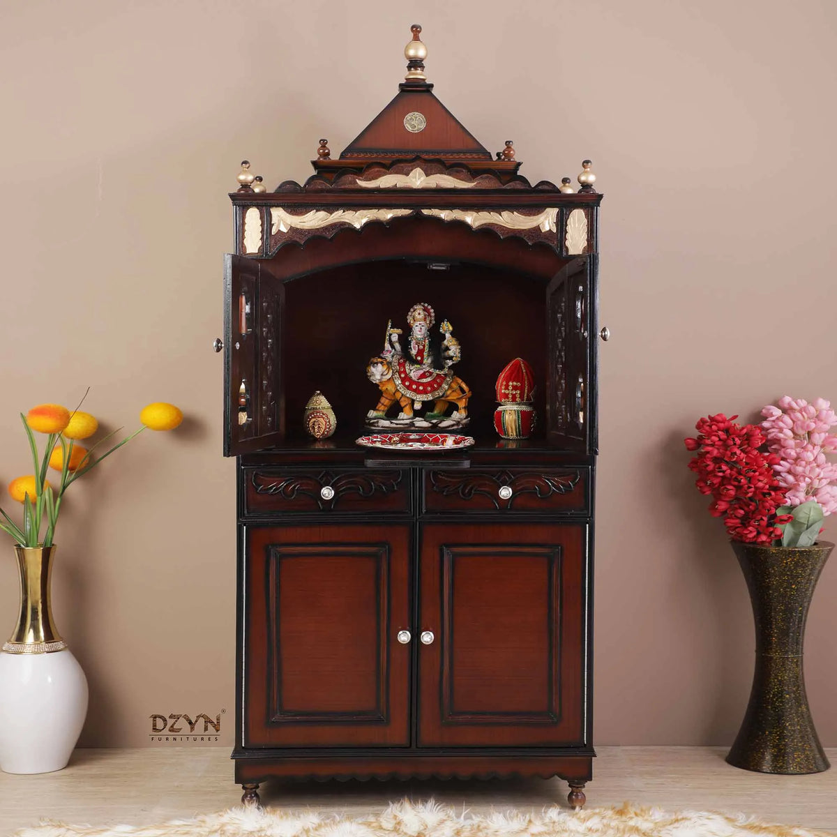 Sacred Palace Large Floor Rested Pooja Mandap with Door in brown gold finish