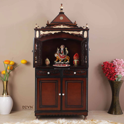 Sacred Palace Large Floor Rested Pooja Mandap with Door (Brown Gold)
