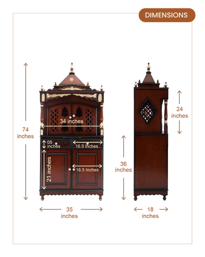Sacred Palace Large Floor Rested Pooja Mandap with Door (Brown Gold)
