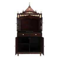 Sacred Palace Large Floor Rested Cupboard Pooja Mandir/Wooden temple with doors for home in Brown Gold color front view open drawers