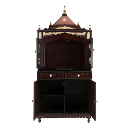 Sacred Palace Large Floor Rested Cupboard Pooja Mandir/Wooden temple with doors for home in Brown Gold color front view open drawers