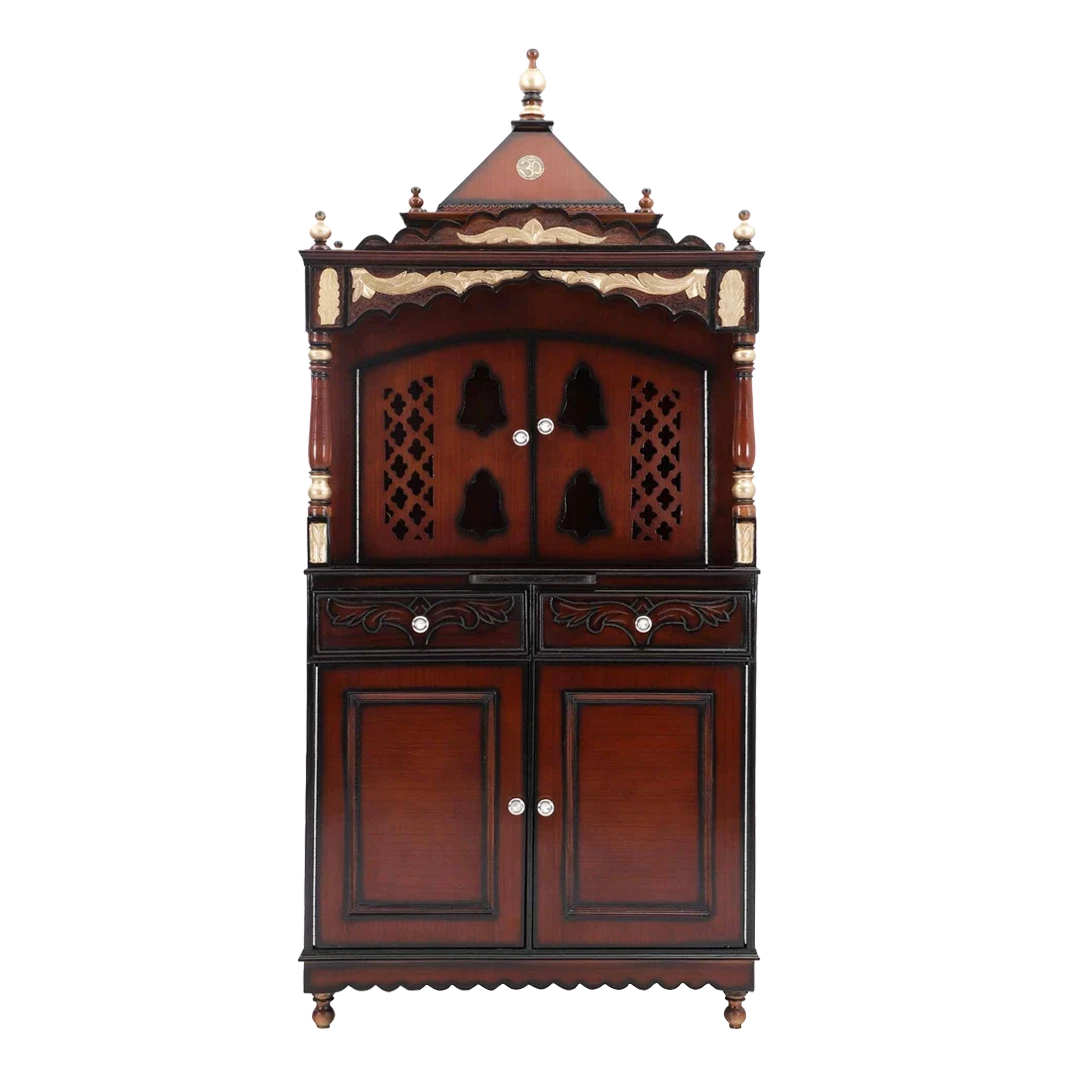 Sacred Palace Large Floor Rested Cupboard Pooja Mandir/Wooden temple with doors for home in Brown Gold color front view