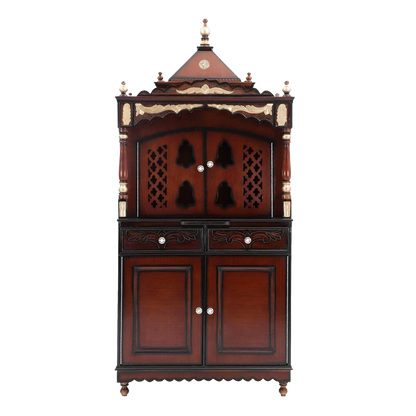 Sacred Palace Large Floor Rested Cupboard Pooja Mandir/Wooden temple with doors for home in Brown Gold color front view