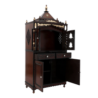 Sacred Palace Large Floor Rested Cupboard Pooja Mandir/Wooden temple with doors for home in Brown Gold color 45° side view open drawers