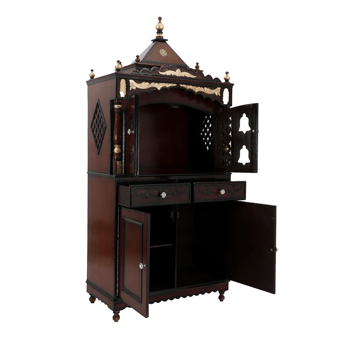 Sacred Palace Large Floor Rested Cupboard Pooja Mandir/Wooden temple with doors for home in Brown Gold color 45° side view open drawers