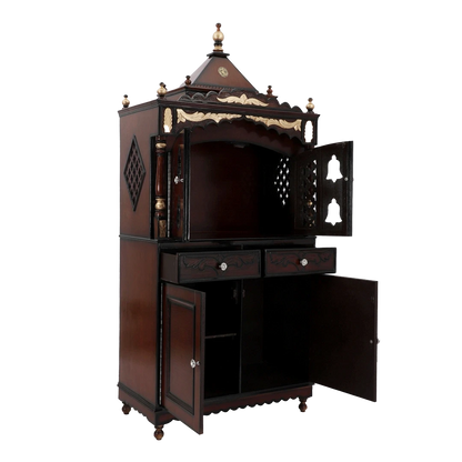 Sacred Palace Large Floor Rested Cupboard Pooja Mandir/Wooden temple with doors for home in Brown Gold color 45° side view open drawers