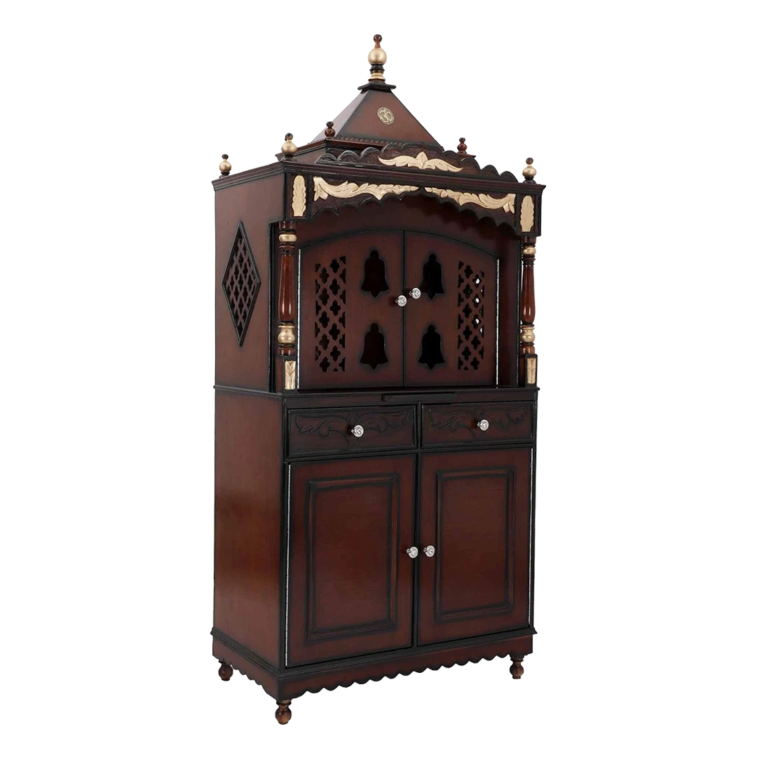 Sacred Palace Large Floor Rested Cupboard Pooja Mandir/Wooden temple with doors for home in Brown Gold color 45° side view