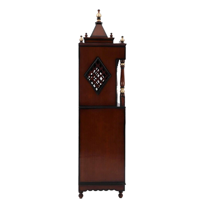 Sacred Palace Large Floor Rested Cupboard Pooja Mandir/Wooden temple with doors for home in Brown Gold color side view featuring jali design and Pillars