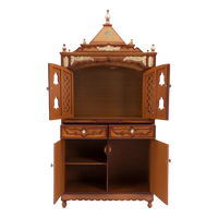 Sacred Palace Large Floor Rested Pooja Mandap/Wooden temple with doors for home in Teak Gold color front view open drawers