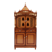 Sacred Palace Large Floor Rested Pooja Mandap/Wooden temple with doors for home in Teak Gold color front view