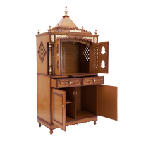 Sacred Palace Large Floor Rested Pooja Mandap/Wooden temple with doors for home in Teak Gold color 45° side view open drawers