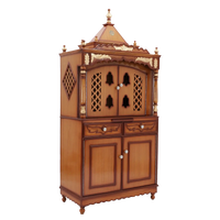 Sacred Palace Large Floor Rested Pooja Mandap/Wooden temple with doors for home in Teak Gold color 45° side view