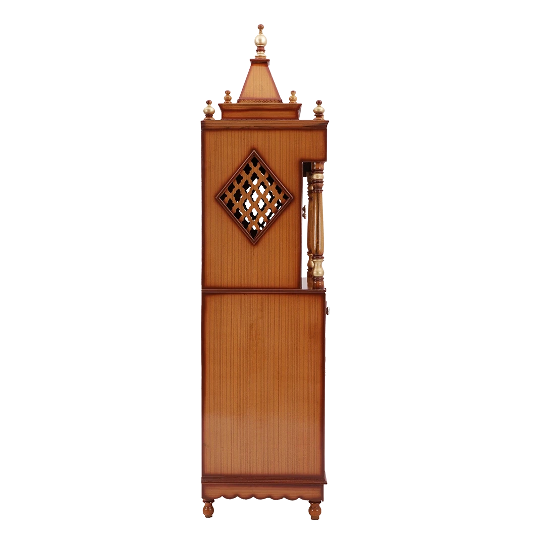 Sacred Palace Large Floor Rested Pooja Mandap/Wooden temple with doors for home in Teak Gold color side view featuring jali design and Pillars