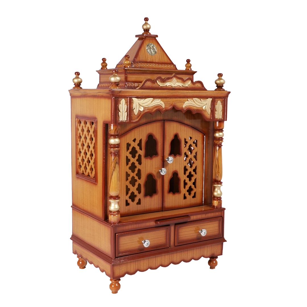 Sacred Space Floor Rested Pooja Mandir/Wooden temple with doors for home in Teak Gold color 45° side view