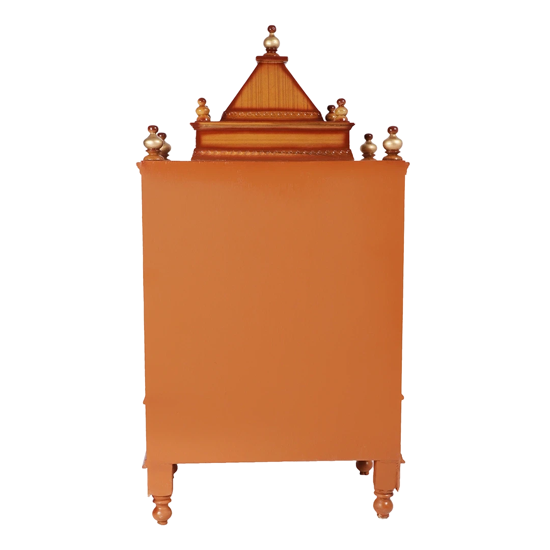 Sacred Space Floor Rested Pooja Mandir/Wooden temple with doors for home in Teak Gold color back view