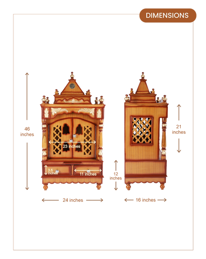 Sacred Space Medium Floor Rested Pooja Mandir With Door (Teak Gold)
