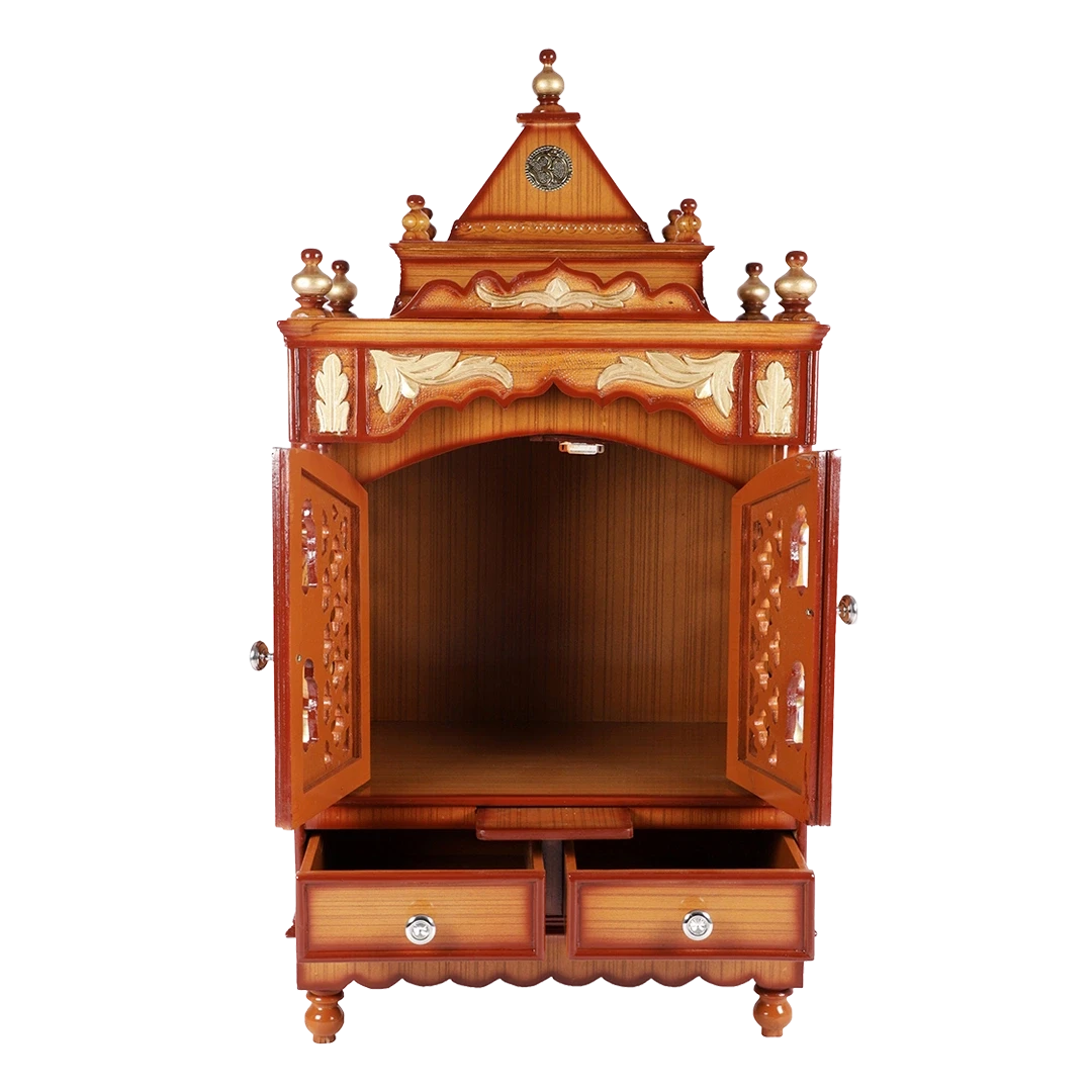 Sacred Space Floor Rested Pooja Mandir/Wooden temple with doors for home in Teak Gold color front view open drawers