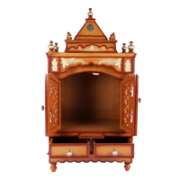 Sacred Space Floor Rested Pooja Mandir/Wooden temple with doors for home in Teak Gold color front view open drawers