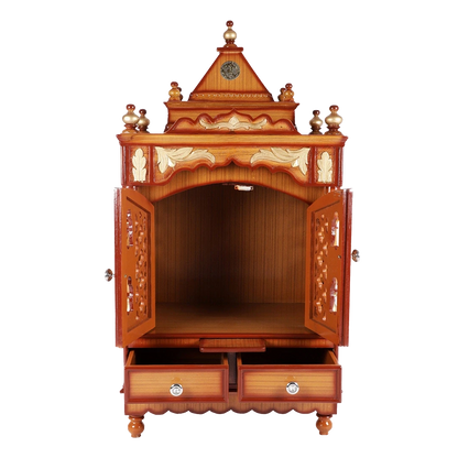 Sacred Space Floor Rested Pooja Mandir/Wooden temple with doors for home in Teak Gold color front view open drawers