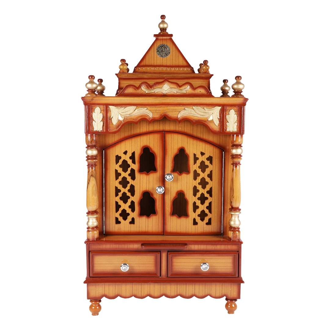 Sacred Space Floor Rested Pooja Mandir/Wooden temple with doors for home in Teak Gold color front view
