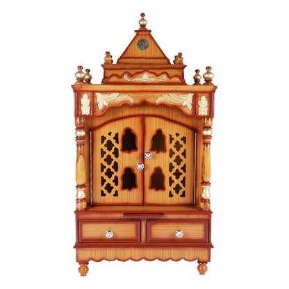Sacred Space Floor Rested Pooja Mandir/Wooden temple with doors for home in Teak Gold color front view
