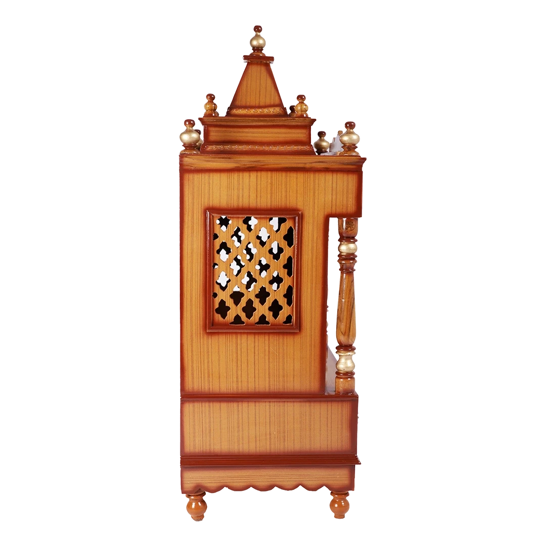 Sacred Space Floor Rested Pooja Mandir/Wooden temple with doors for home in Teak Gold color side view featuring jali design and Pillars