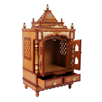 Sacred Space Floor Rested Pooja Mandir/Wooden temple with doors for home in Teak Gold color 45° side view open drawers