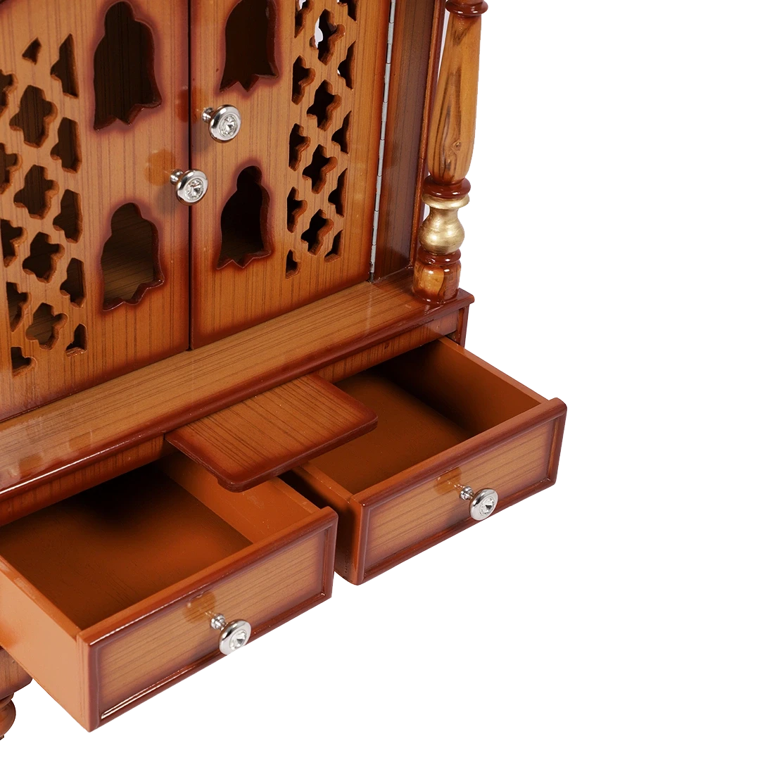 Sacred Space Floor Rested Pooja Mandir/Wooden temple with doors for home in Teak Gold color front view