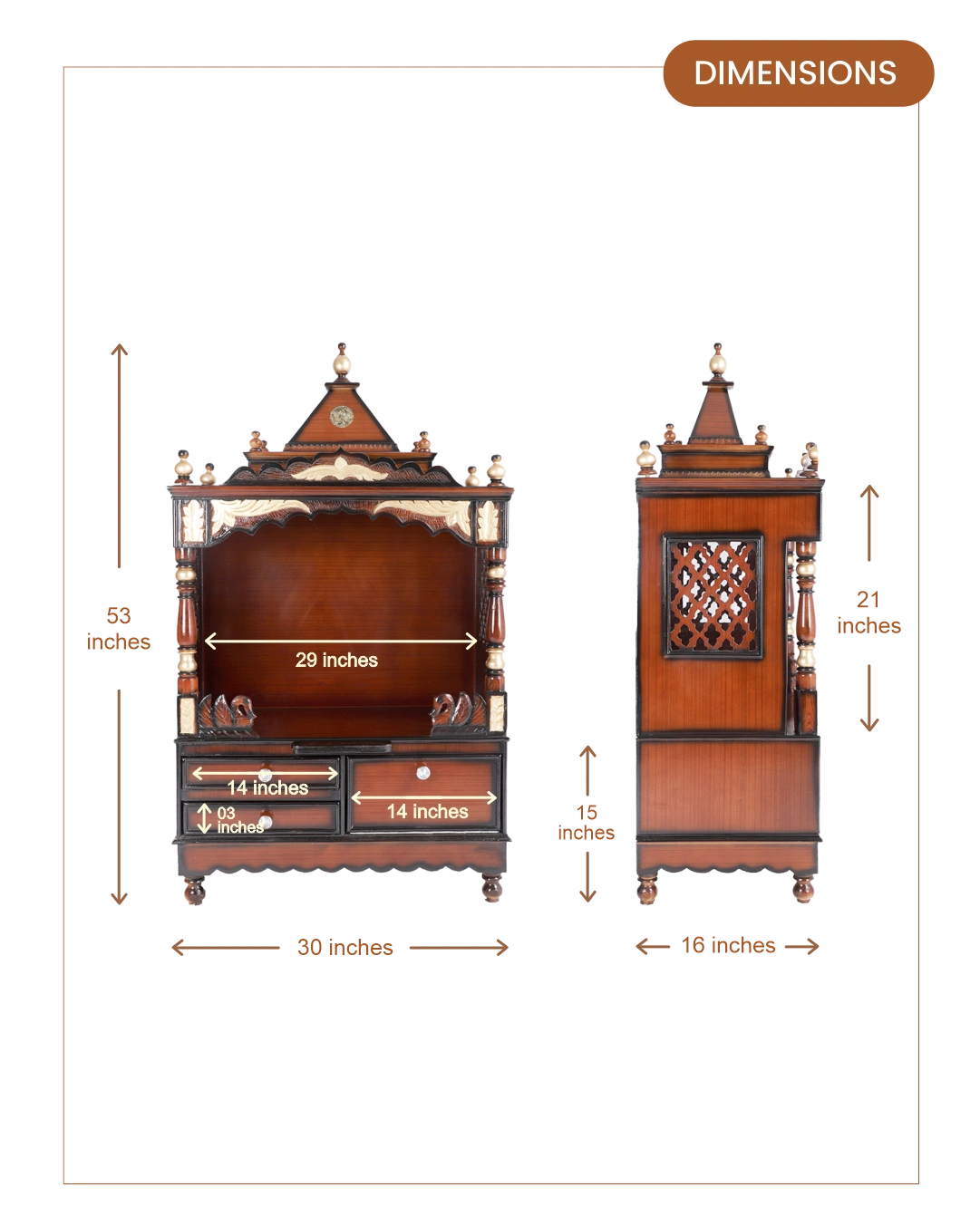 Sacred Space Large Floor Rested Pooja Mandir without Door (Brown Gold)