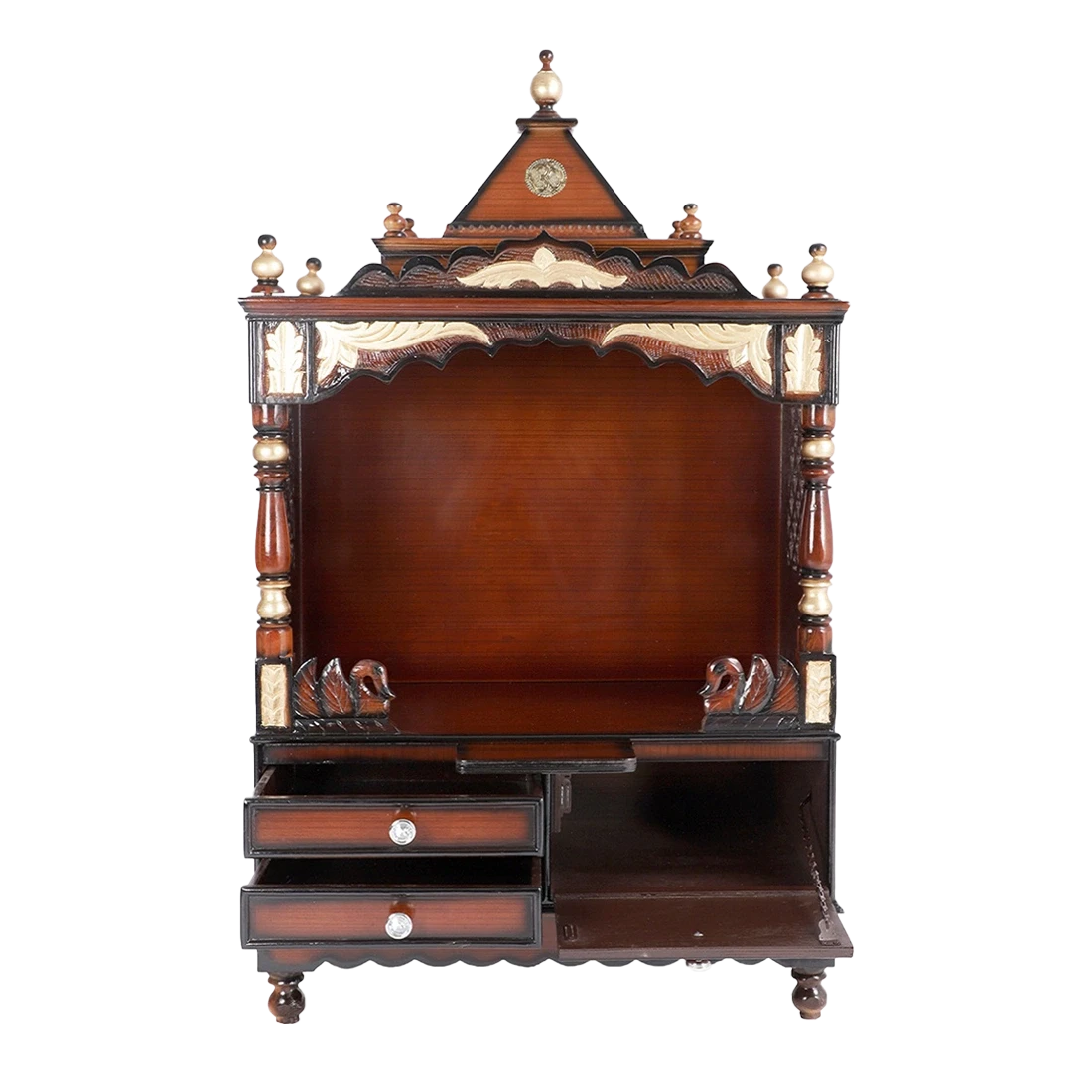 Sacred Space Large Floor Rested Pooja Mandir/Wooden temple for home in Brown Gold color front view open drawers