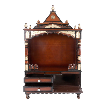 Sacred Space Large Floor Rested Pooja Mandir/Wooden temple for home in Brown Gold color front view open drawers