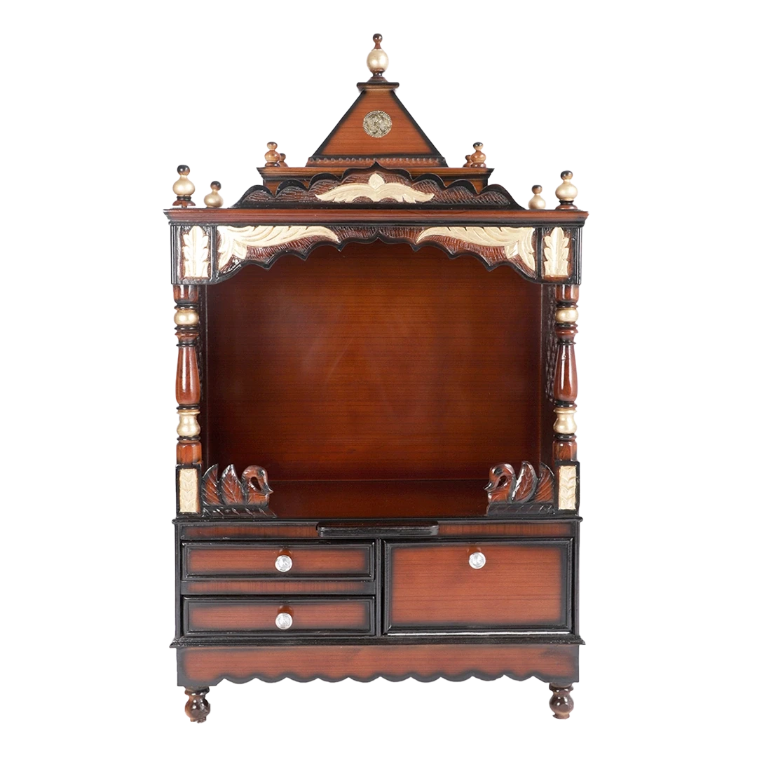 Sacred Space Large Floor Rested Pooja Mandir/Wooden temple for home in Brown Gold color front view