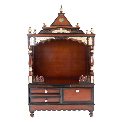 Sacred Space Large Floor Rested Pooja Mandir/Wooden temple for home in Brown Gold color front view