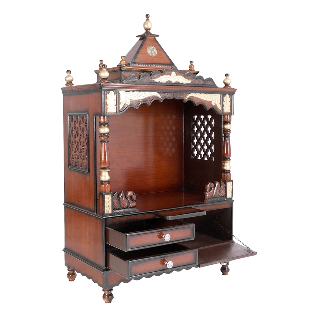 Sacred Space Large Floor Rested Pooja Mandir/Wooden temple for home in Brown Gold color 45° side view open drawers