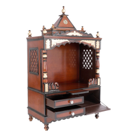 Sacred Space Large Floor Rested Pooja Mandir/Wooden temple for home in Brown Gold color 45° side view open drawers